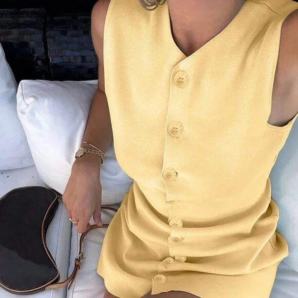 Yellow Casual Women's knit button  detailed Pullover mini dress - Picture 3 of 11